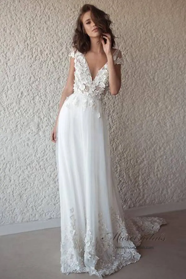Ivory See-through Cap Sleeves Boho Wedding Dresses, Beach Wedding Dress, MW518