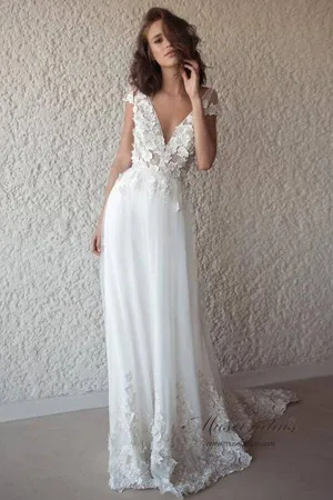 Ivory See-through Cap Sleeves Boho Wedding Dresses, Beach Wedding Dress, MW518