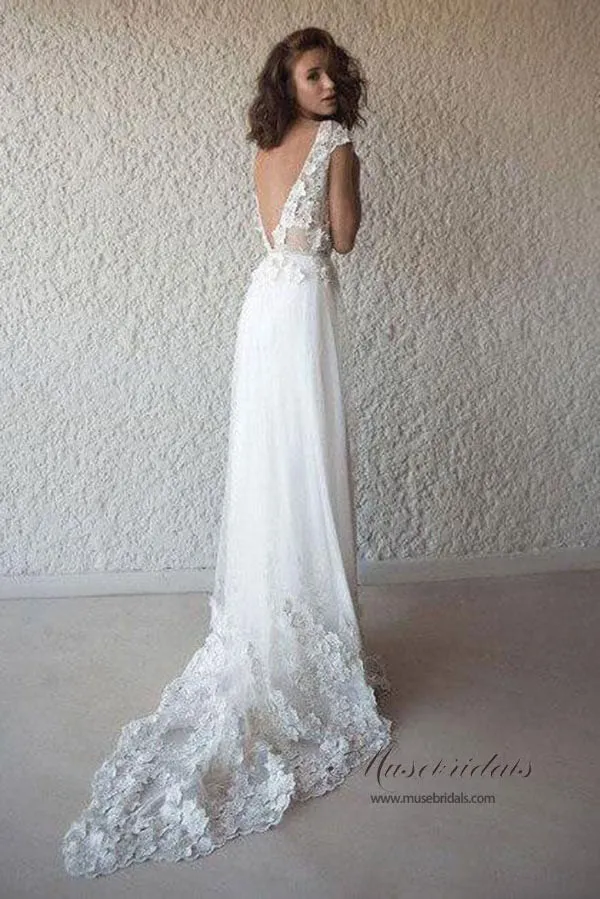 Ivory See-through Cap Sleeves Boho Wedding Dresses, Beach Wedding Dress, MW518