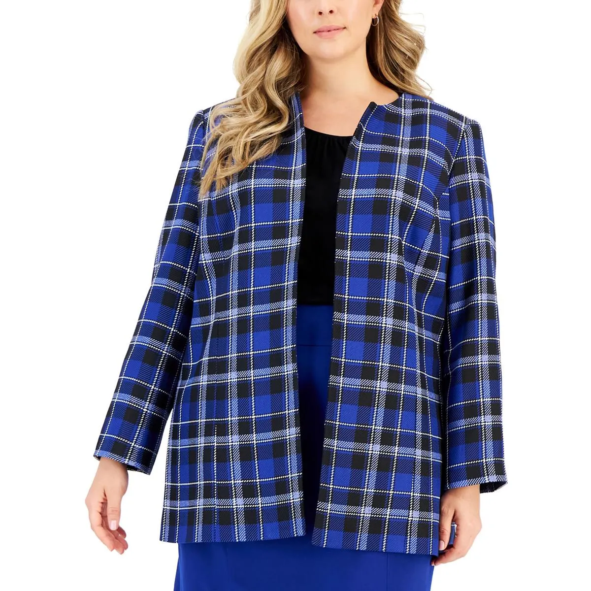 Kasper Womens Plus Plaid  Open-Front Blazer