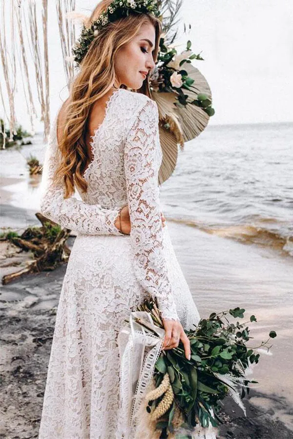 Lace A-line Floor-length Long Sleeves Boho Wedding Dress, Bridal Gown, SW480