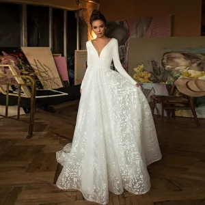 Lace Wedding Dress Long Sleeve V-neck Boho Bridal Gowns Satin Backless White Vestido de noiva Plus size custom