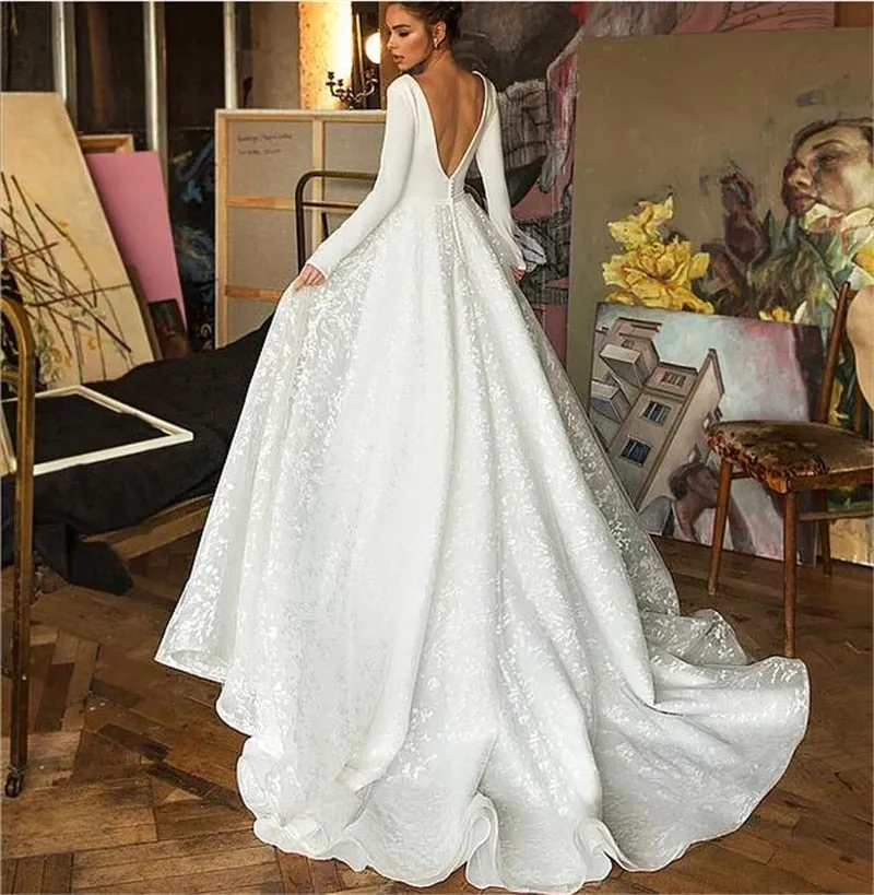 Lace Wedding Dress Long Sleeve V-neck Boho Bridal Gowns Satin Backless White Vestido de noiva Plus size custom