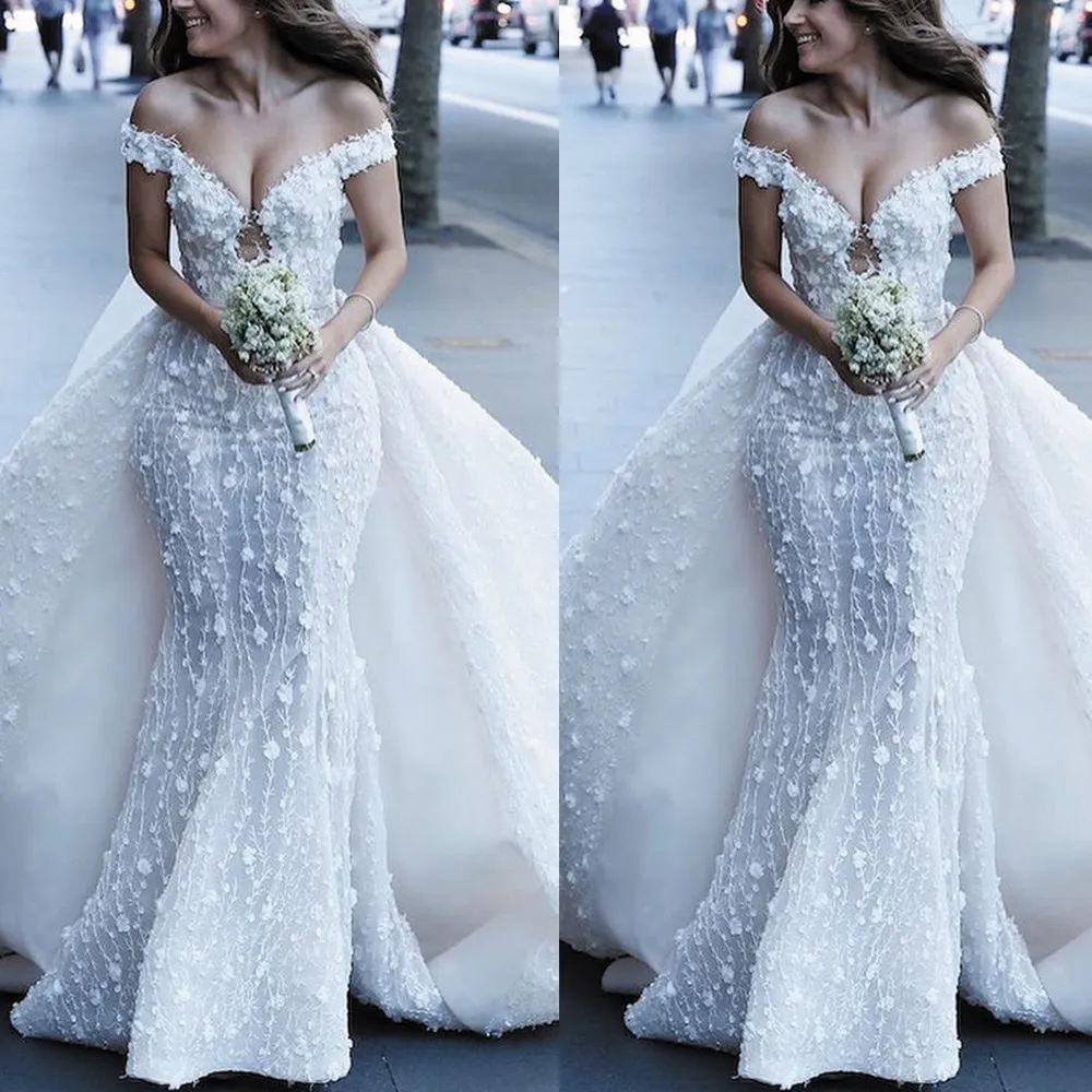 lace wedding dresses boho 2020 detachable skirt elegant off the shoulder white wedding gown 2021 vestidos de noiva