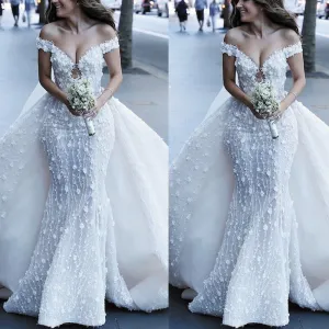 lace wedding dresses boho 2020 detachable skirt elegant off the shoulder white wedding gown 2021 vestidos de noiva