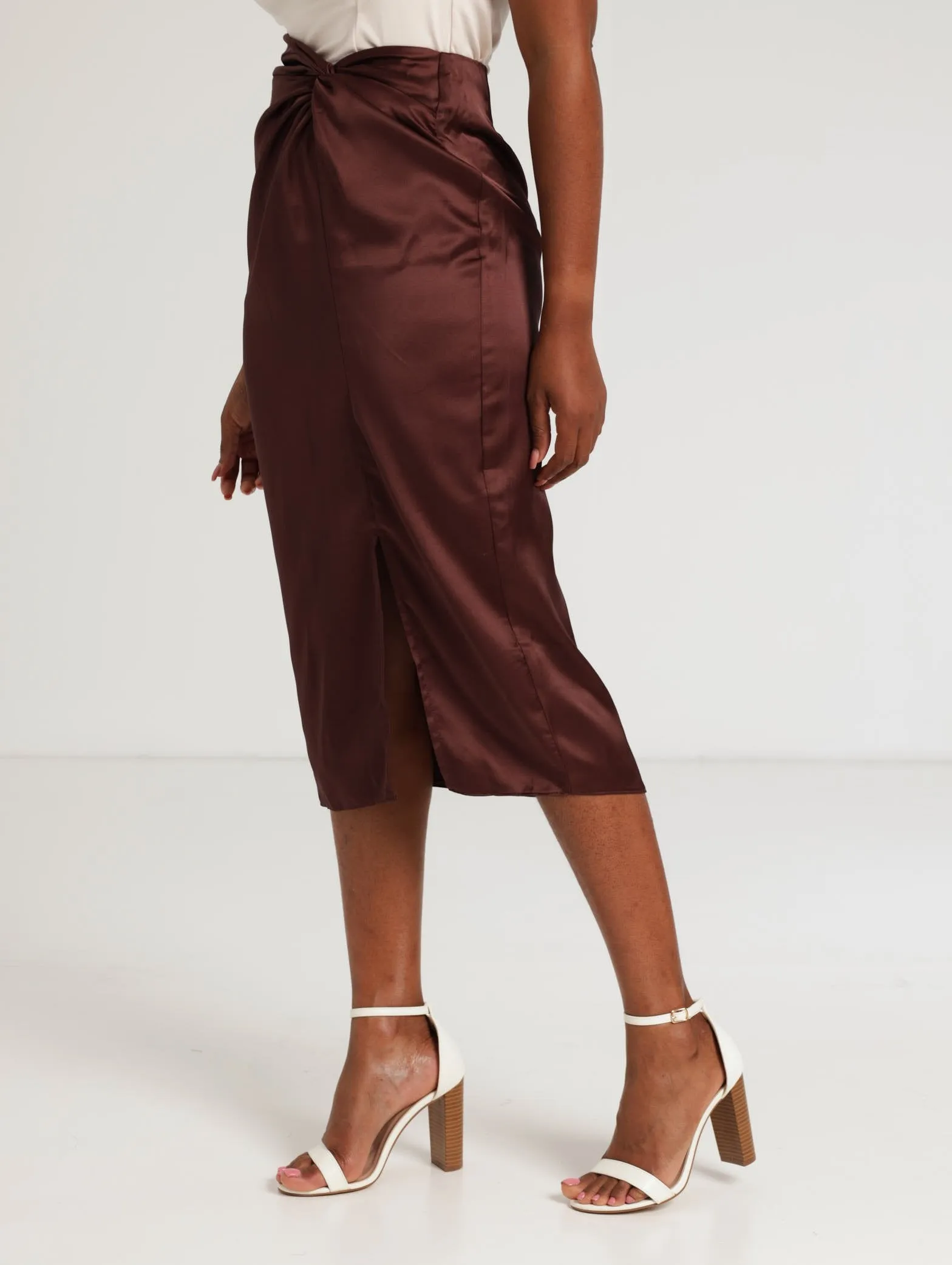 Ladies Draped Satin Skirt - Rust