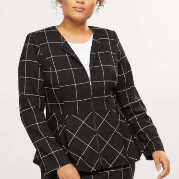Lane Bryant Peplum Zip Front Jacket Window Pane Black White Career Sz 28 NWT.