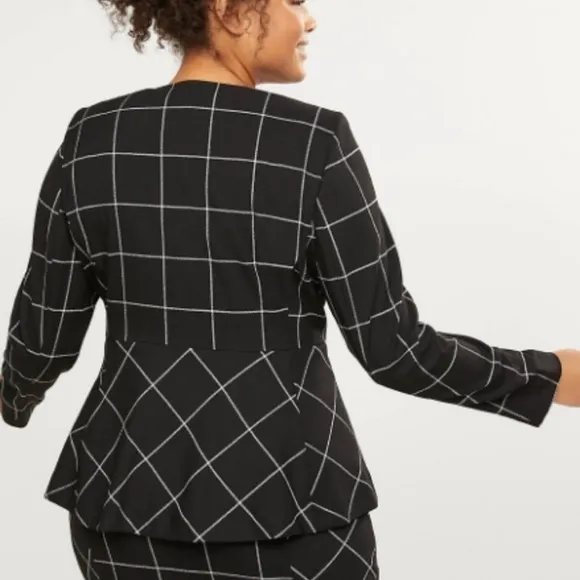 Lane Bryant Peplum Zip Front Jacket Window Pane Black White Career Sz 28 NWT.