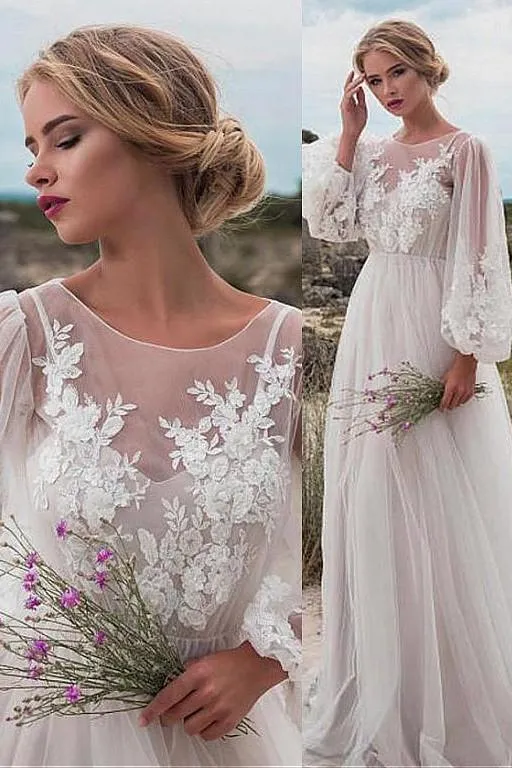Lantern Sleeves Boho Bride Dress Lace Tulle Beach Weddings