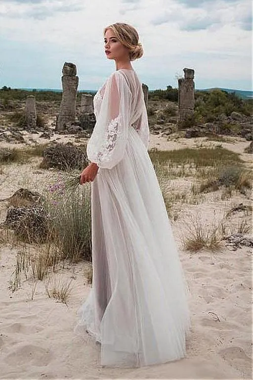 Lantern Sleeves Boho Bride Dress Lace Tulle Beach Weddings