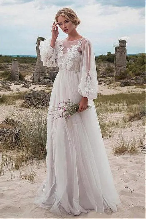 Lantern Sleeves Boho Bride Dress Lace Tulle Beach Weddings