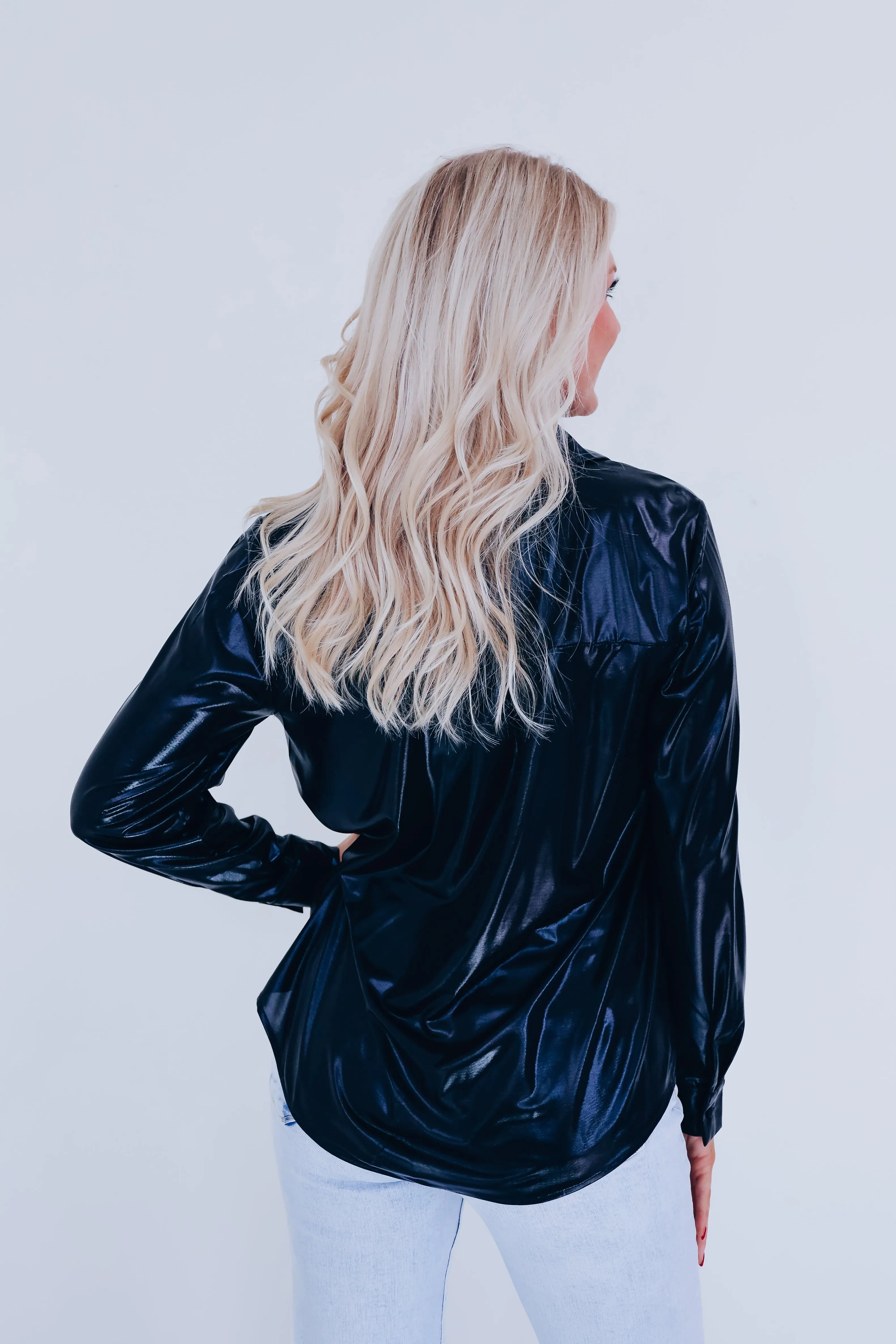 Lauren Lame Hidden Button Blouse - Black