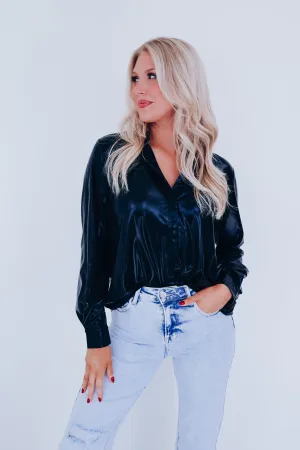 Lauren Lame Hidden Button Blouse - Black