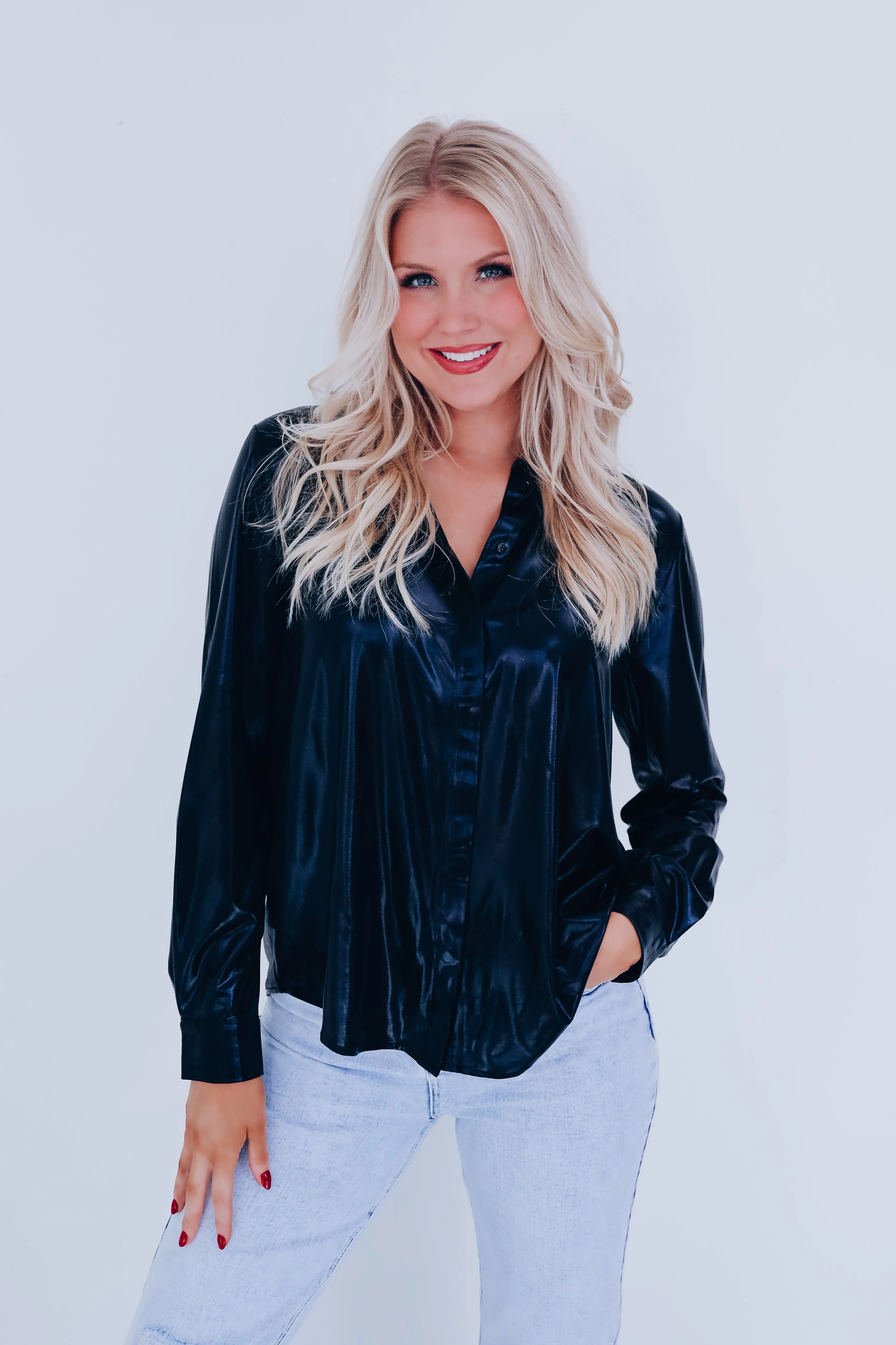 Lauren Lame Hidden Button Blouse - Black