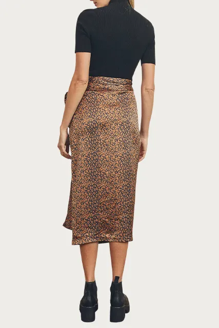 LEOPARD-PRINT SATIN WRAP MIDI SKIRT