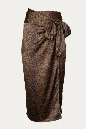 LEOPARD-PRINT SATIN WRAP MIDI SKIRT