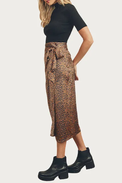 LEOPARD-PRINT SATIN WRAP MIDI SKIRT