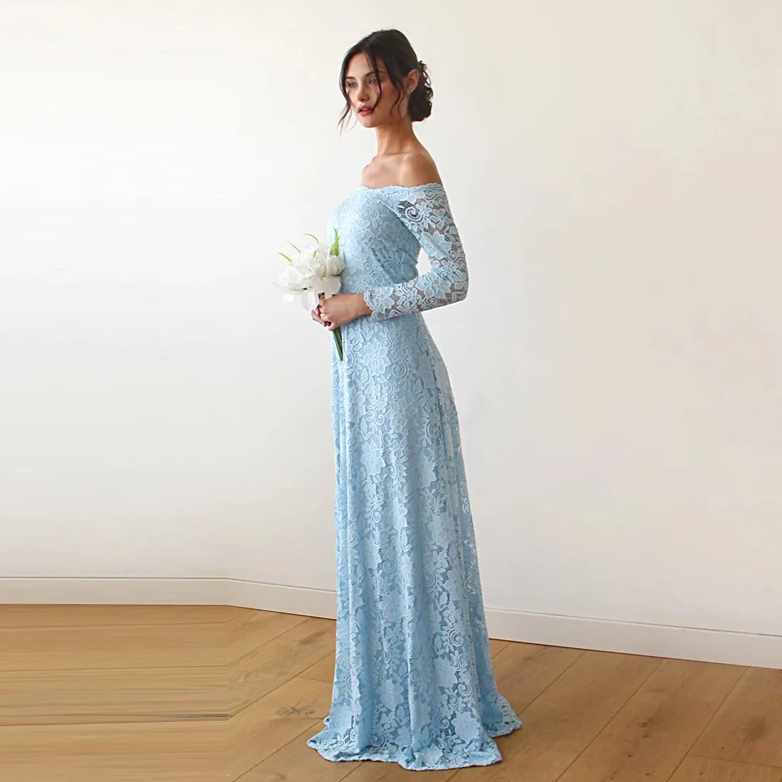 Light Blue Off-The-Shoulder Floral Lace Dress #1119