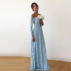 Light Blue Off-The-Shoulder Floral Lace Dress #1119