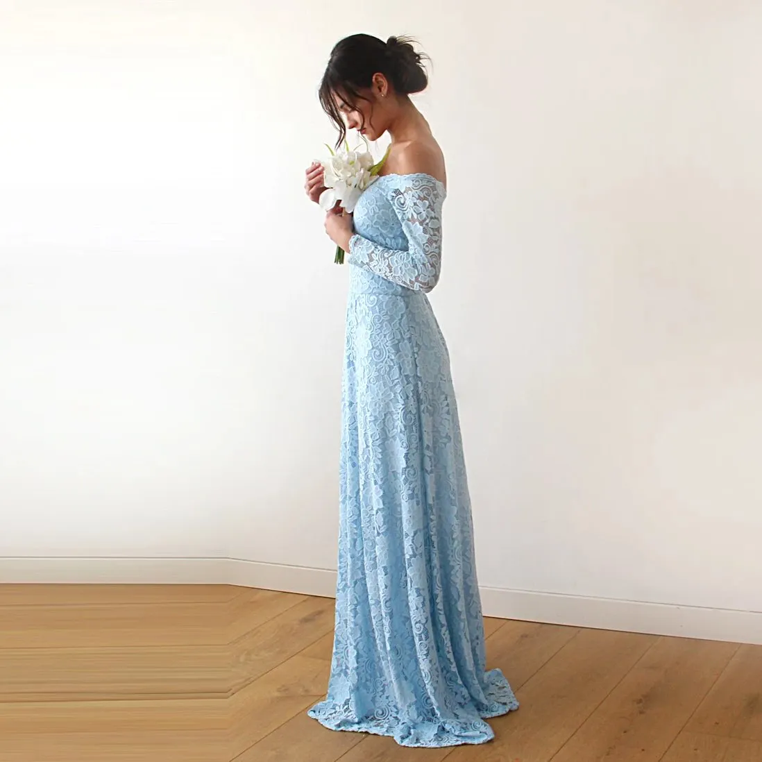 Light Blue Off-The-Shoulder Floral Lace Dress #1119