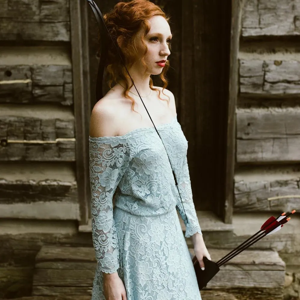 Light Blue Off-The-Shoulder Floral Lace Dress #1119