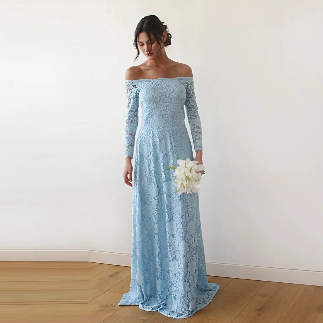 Light Blue Off-The-Shoulder Floral Lace Dress #1119