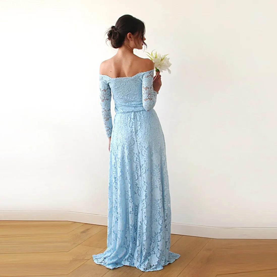 Light Blue Off-The-Shoulder Floral Lace Dress #1119