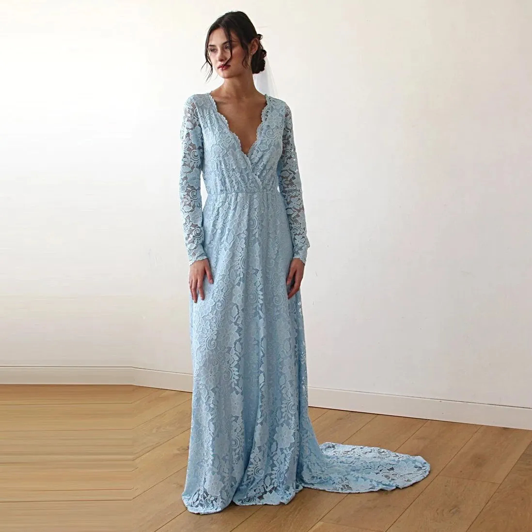 Light Blue Wrap Dress with Train #1151