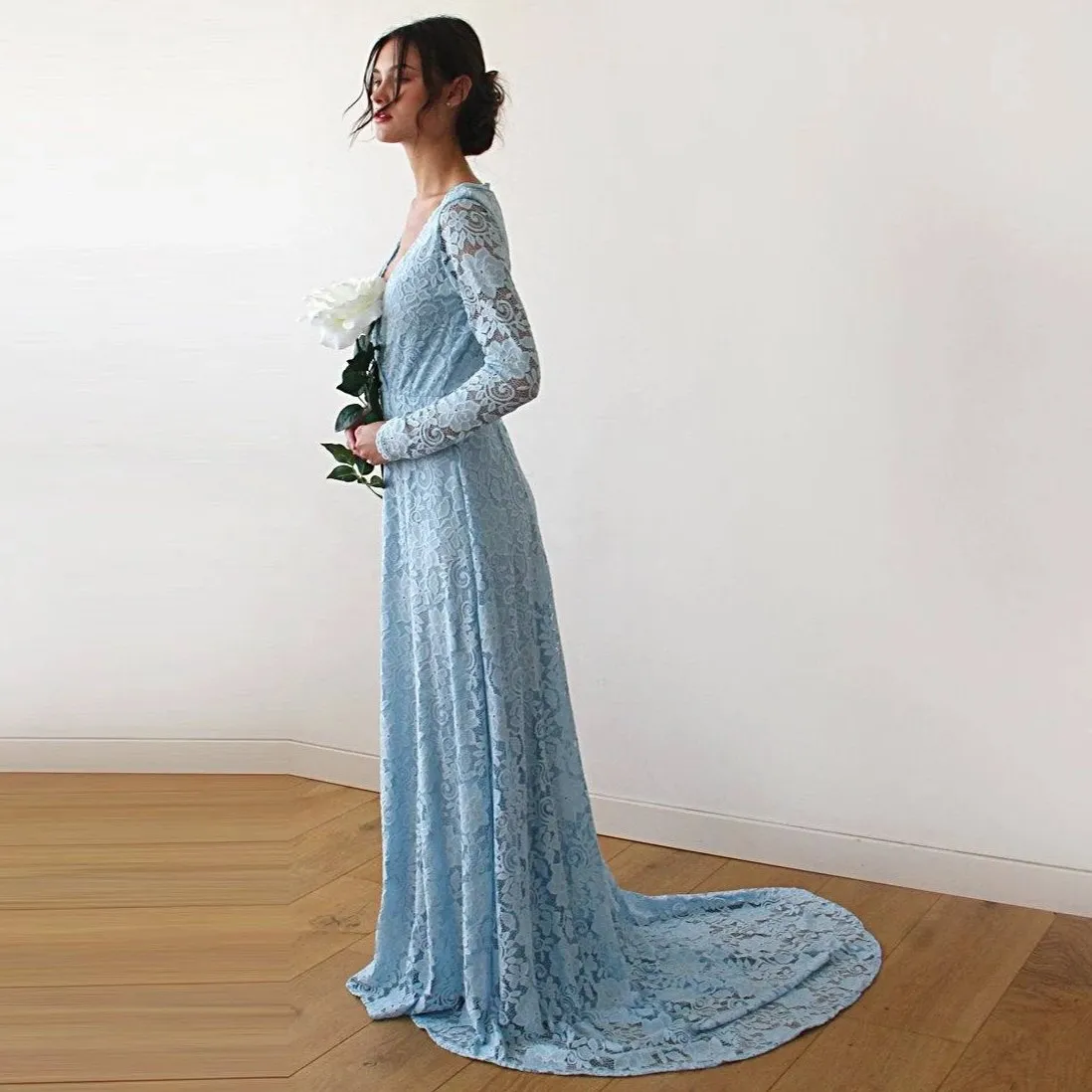 Light Blue Wrap Dress with Train #1151