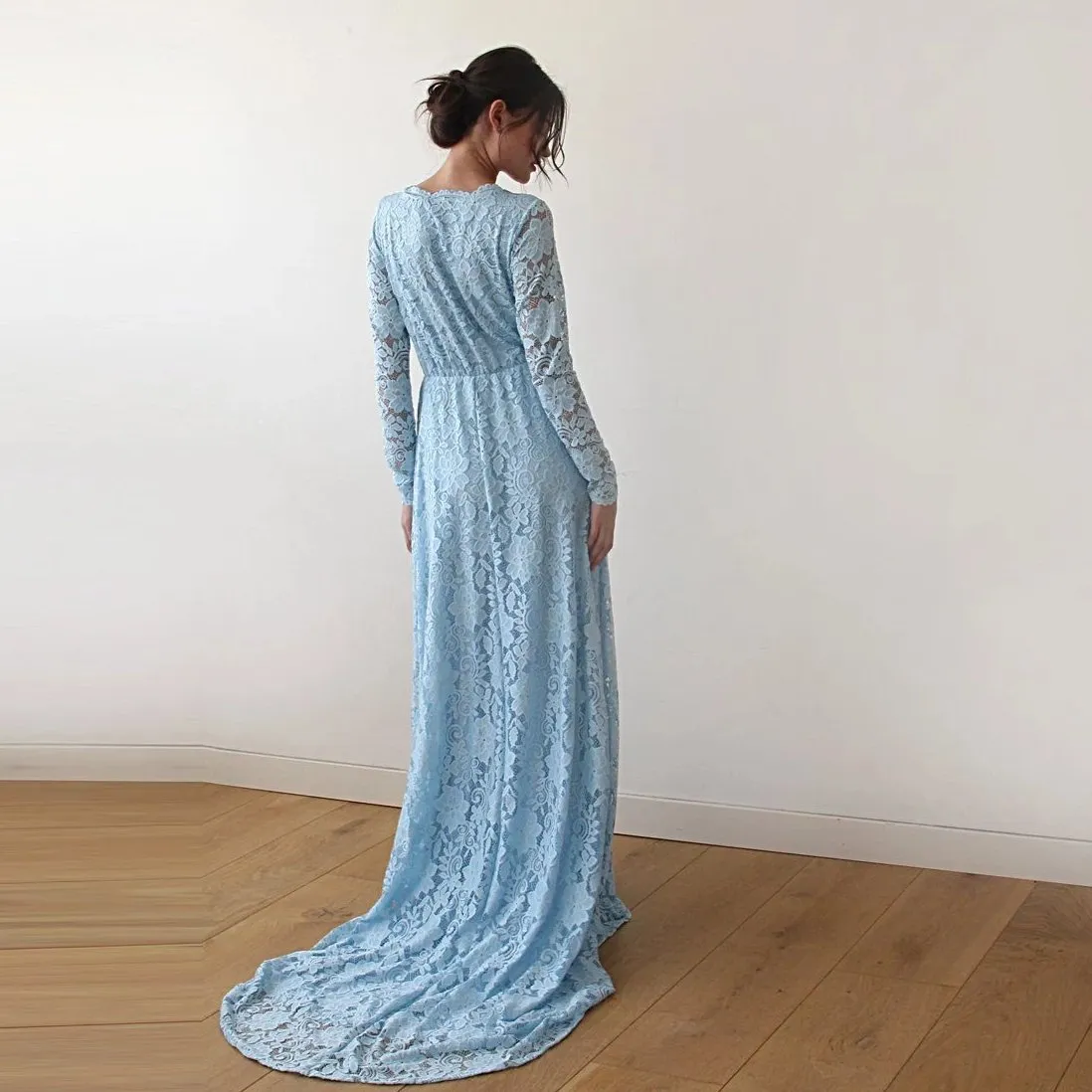 Light Blue Wrap Dress with Train #1151