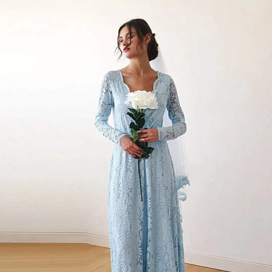 Light Blue Wrap Dress with Train #1151
