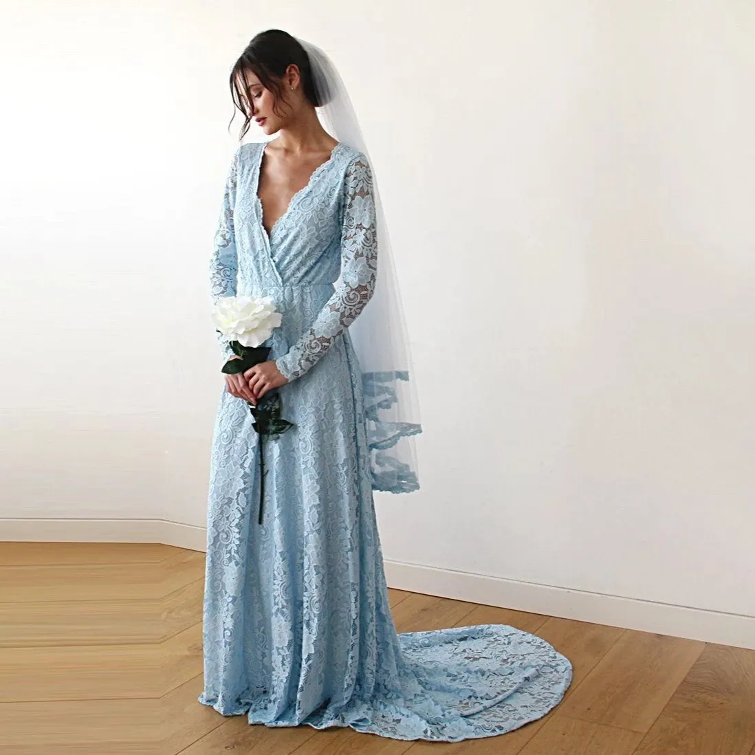 Light Blue Wrap Dress with Train #1151