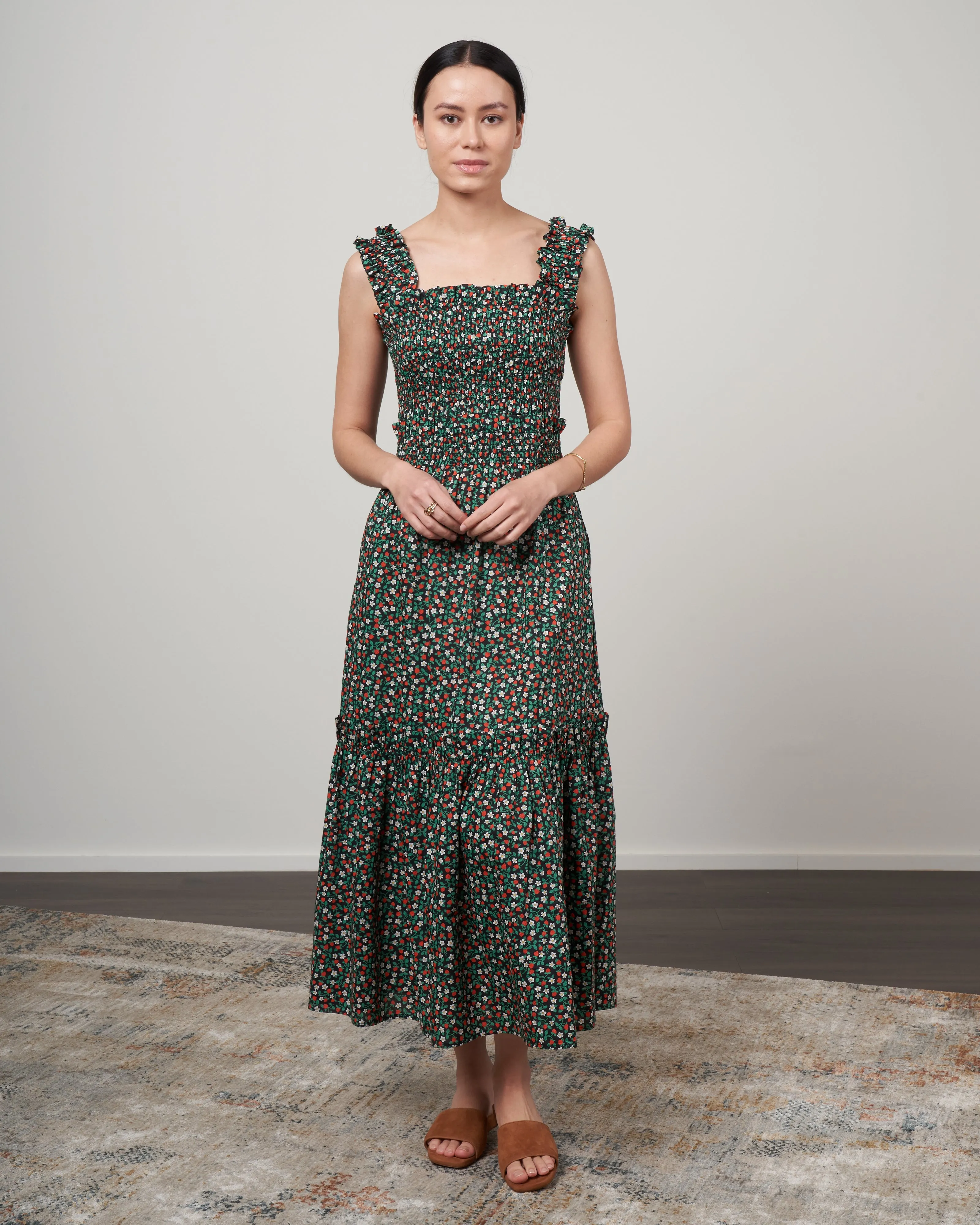 lilly print smocked slip dress - black