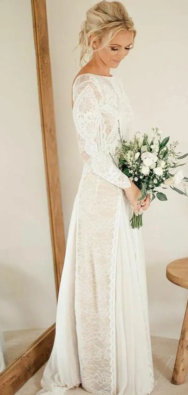 Long Sleeve Ivory Lace See Through Backless Boho Wedding Dresses, TYP1245