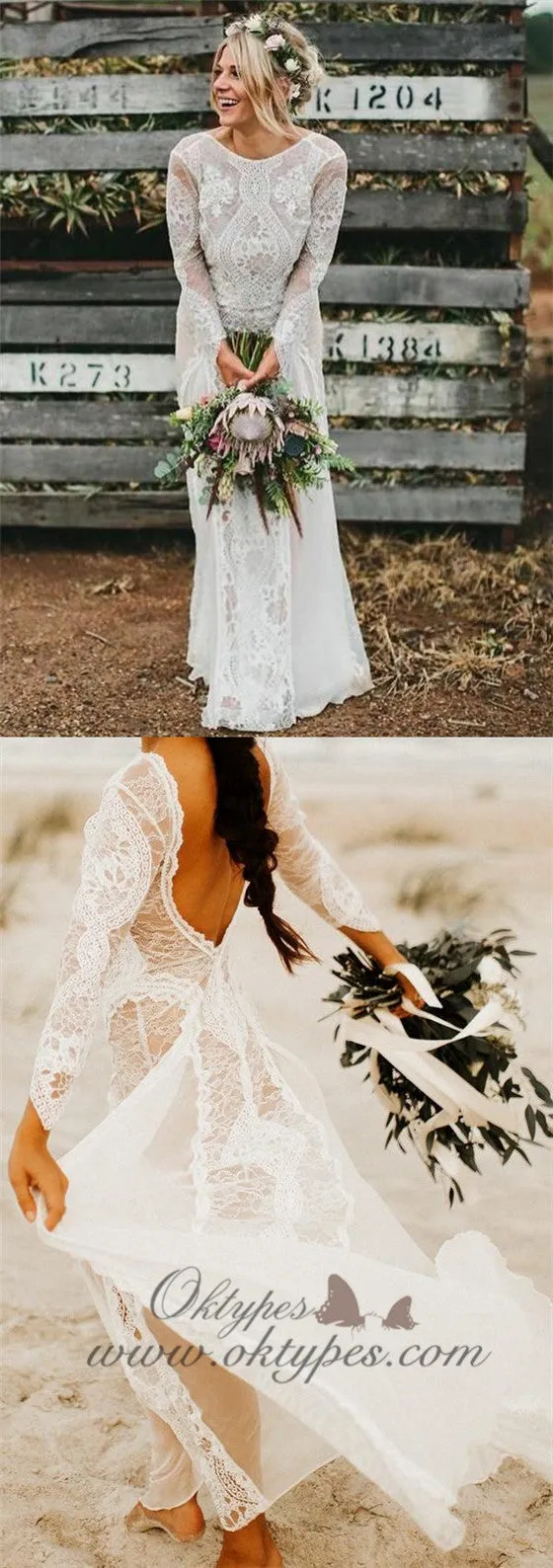 Long Sleeve Ivory Lace See Through Backless Boho Wedding Dresses, TYP1245