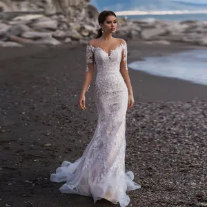 Long Sleeve Mermaid Wedding Dress Elegant Vestido De Novia Sirena See Through Buttons Up Back Appliques Lace Trumpet Gowns