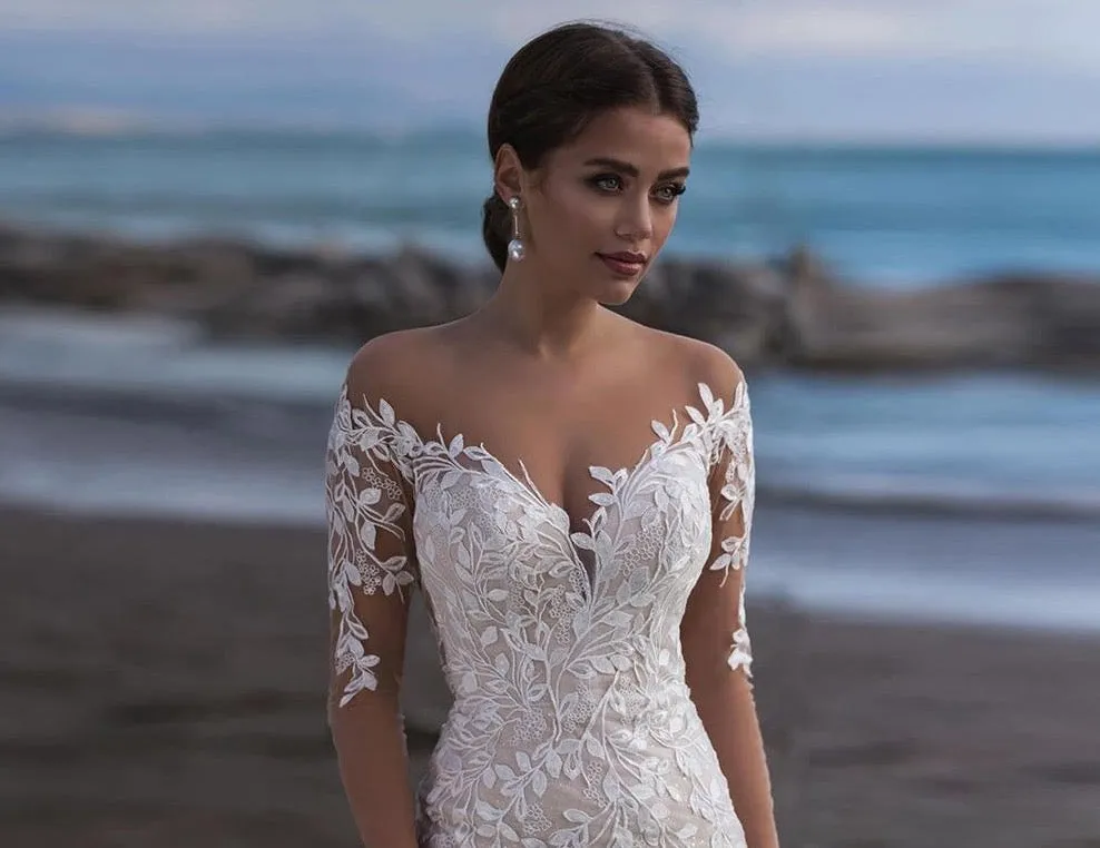 Long Sleeve Mermaid Wedding Dress Elegant Vestido De Novia Sirena See Through Buttons Up Back Appliques Lace Trumpet Gowns