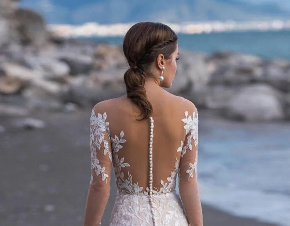 Long Sleeve Mermaid Wedding Dress Elegant Vestido De Novia Sirena See Through Buttons Up Back Appliques Lace Trumpet Gowns