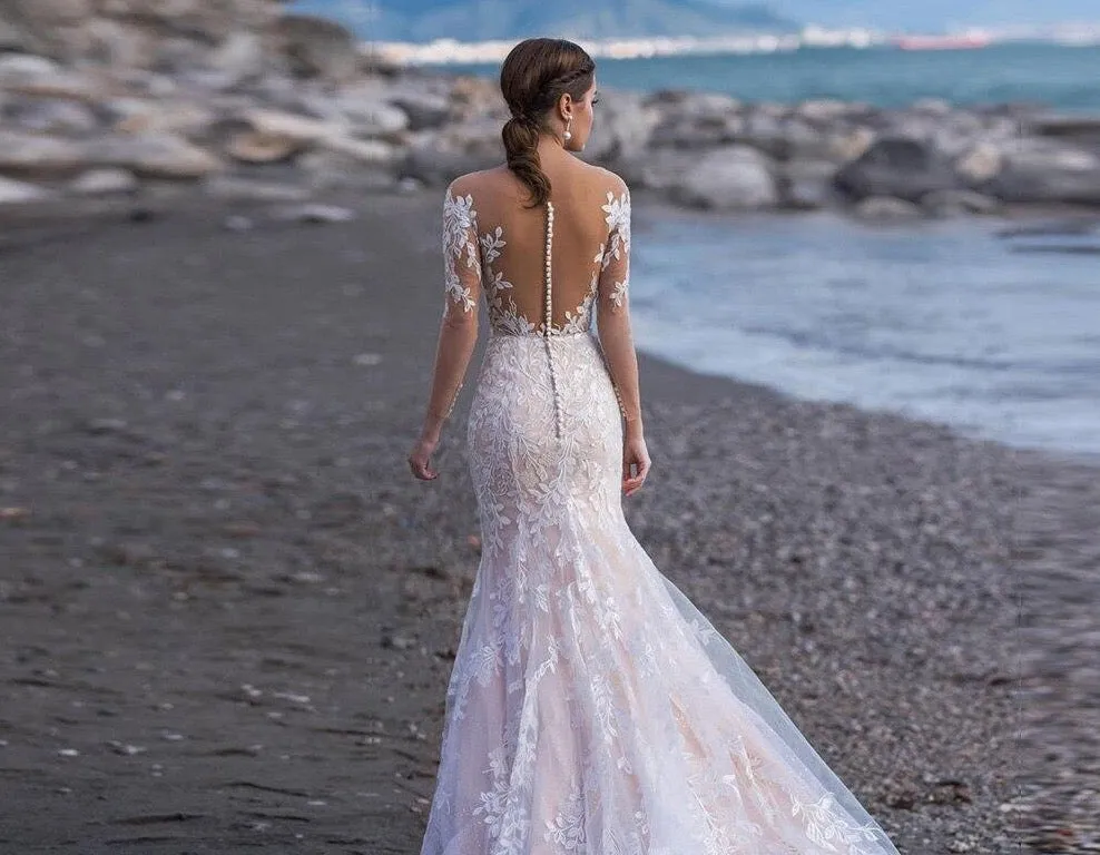 Long Sleeve Mermaid Wedding Dress Elegant Vestido De Novia Sirena See Through Buttons Up Back Appliques Lace Trumpet Gowns