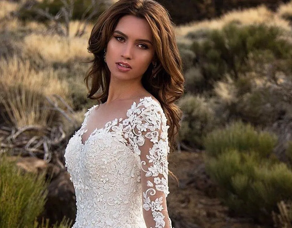 Long Sleeve Wedding Dress Bestidos De Novia O-neck Backless Appliques Lace Flowers A-line Wedding Gowns Bodas