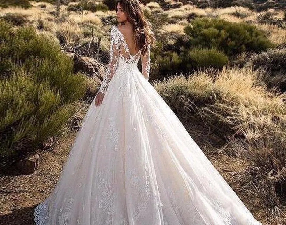 Long Sleeve Wedding Dress Bestidos De Novia O-neck Backless Appliques Lace Flowers A-line Wedding Gowns Bodas