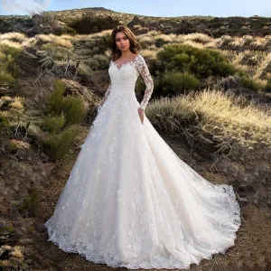 Long Sleeve Wedding Dress Bestidos De Novia O-neck Backless Appliques Lace Flowers A-line Wedding Gowns Bodas