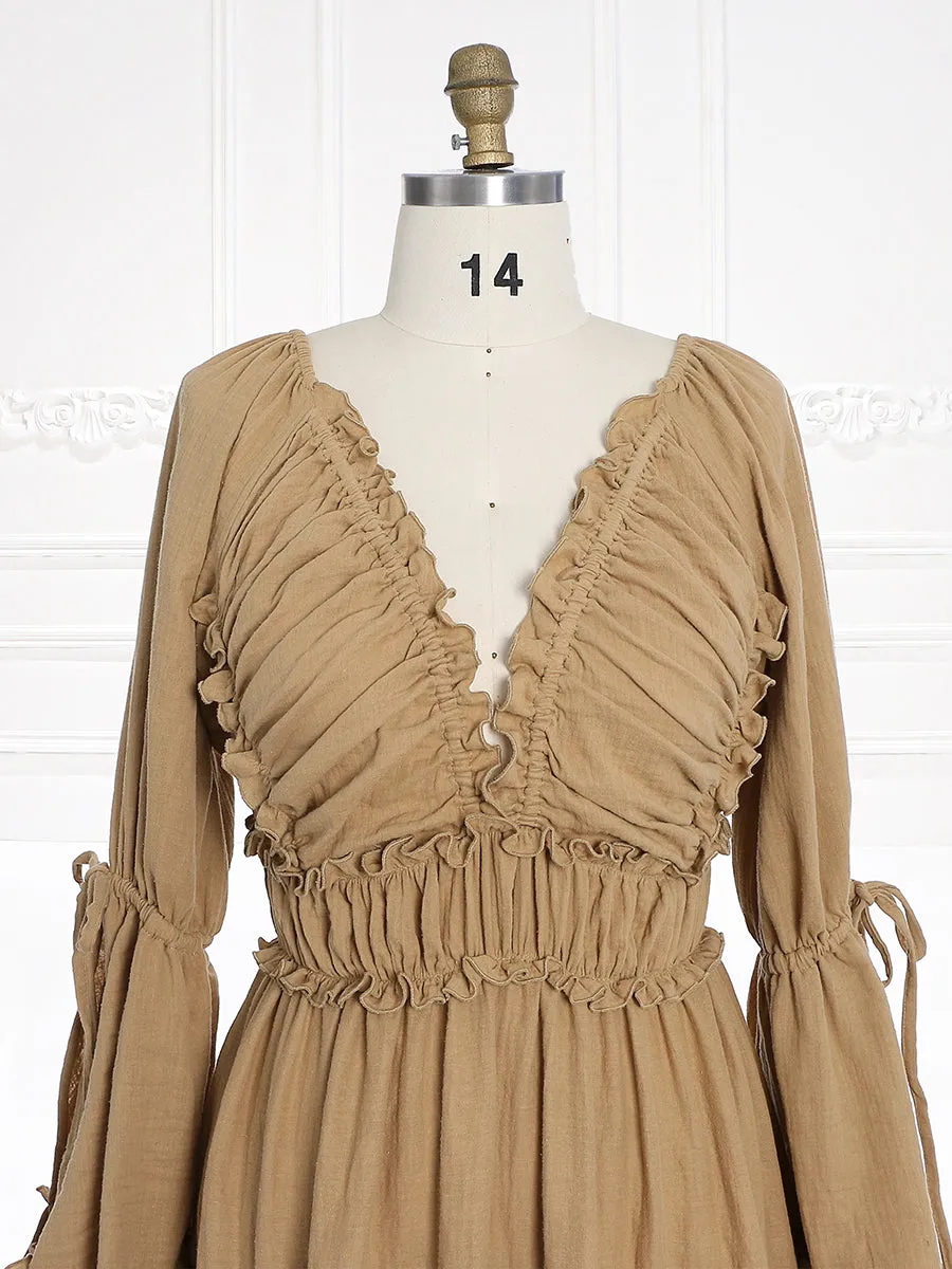 Long Sleeves V Back Elastic Waist Woman Boho Maxi Dress Photoshoot Dresses Outfit YW231112