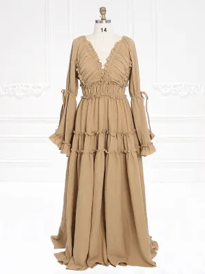 Long Sleeves V Back Elastic Waist Woman Boho Maxi Dress Photoshoot Dresses Outfit YW231112