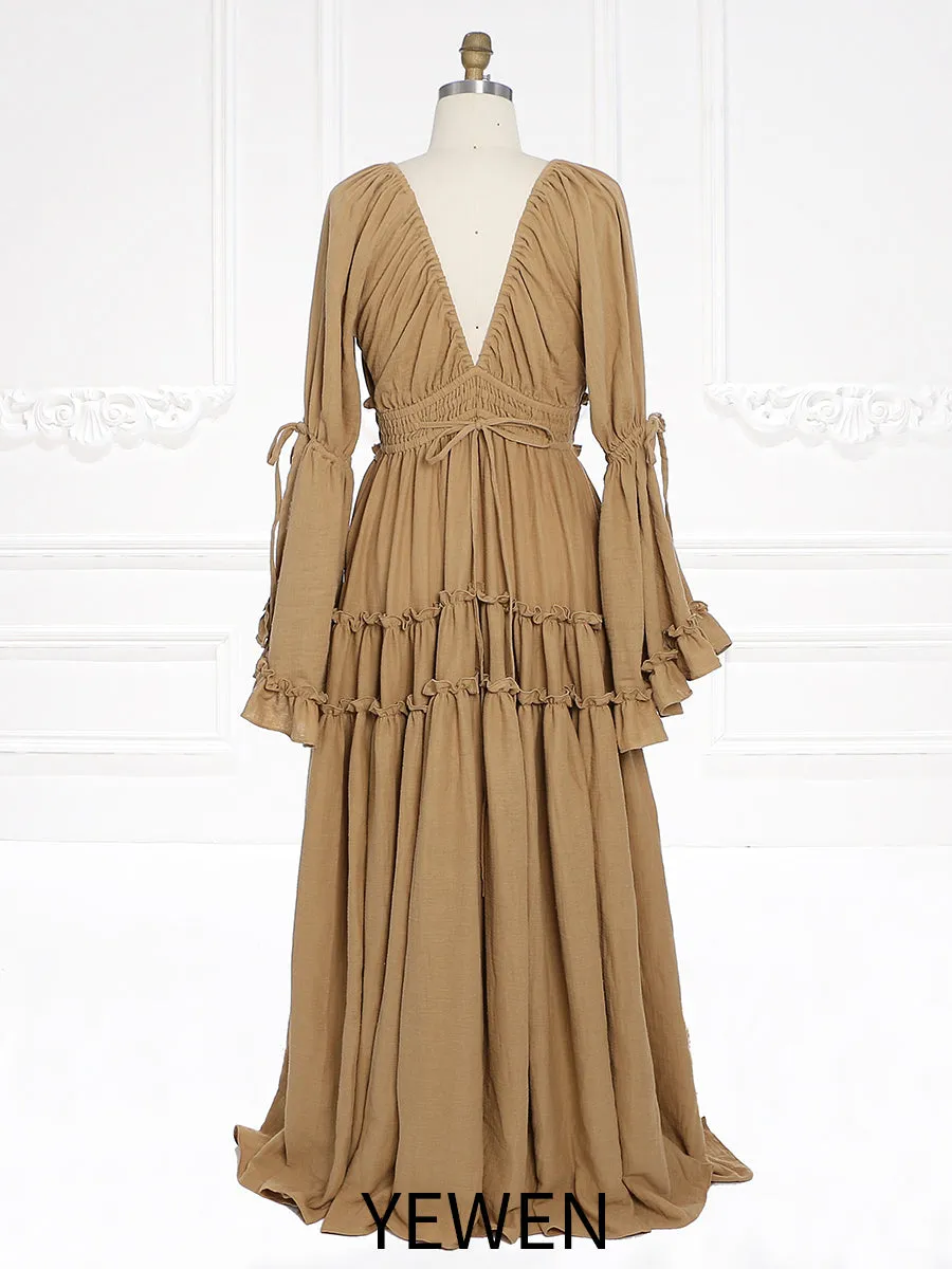 Long Sleeves V Back Elastic Waist Woman Boho Maxi Dress Photoshoot Dresses Outfit YW231112