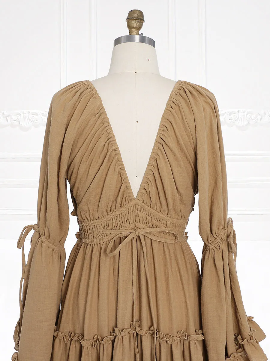 Long Sleeves V Back Elastic Waist Woman Boho Maxi Dress Photoshoot Dresses Outfit YW231112