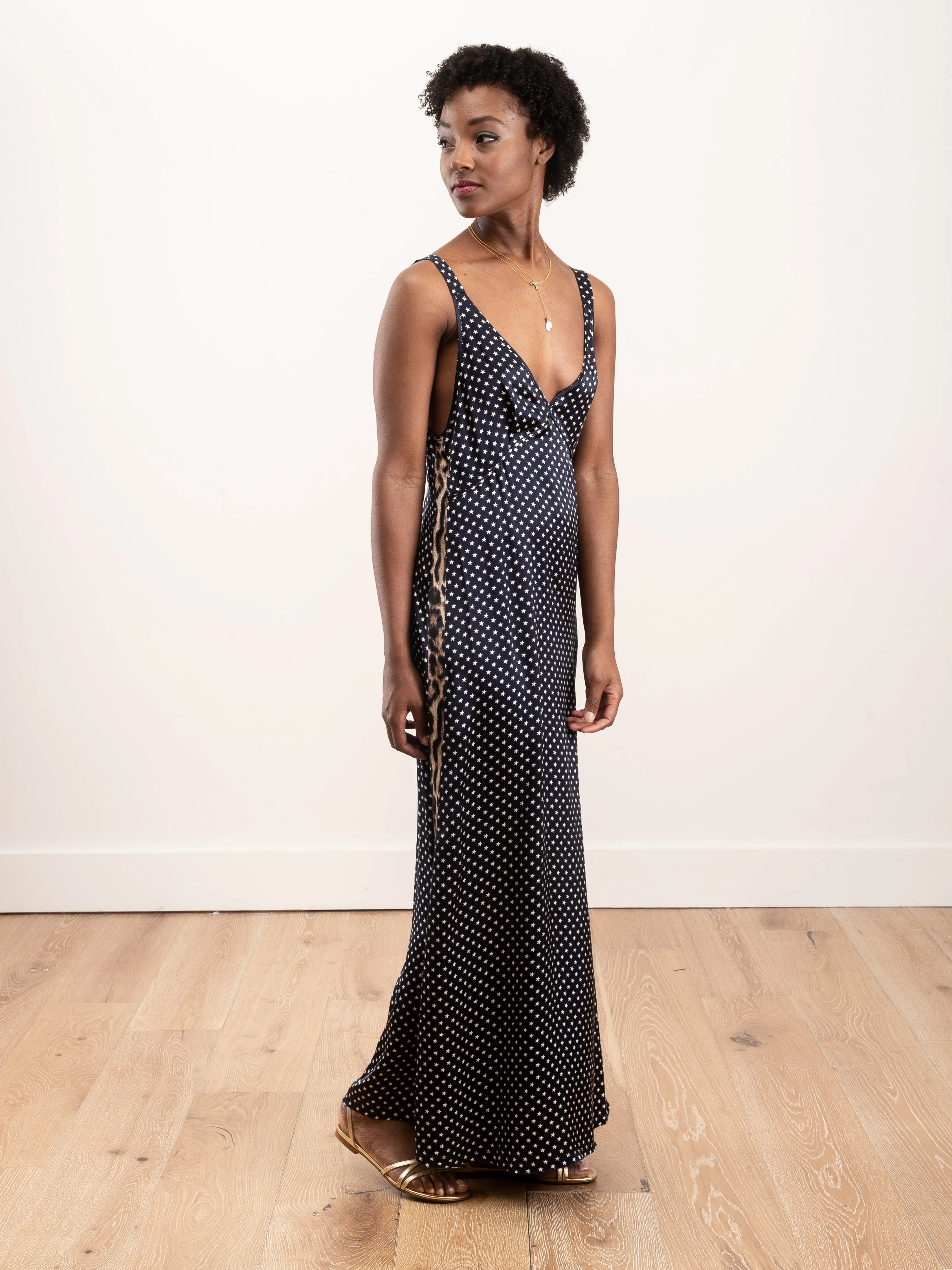 long wide slip dress - navy/leopard