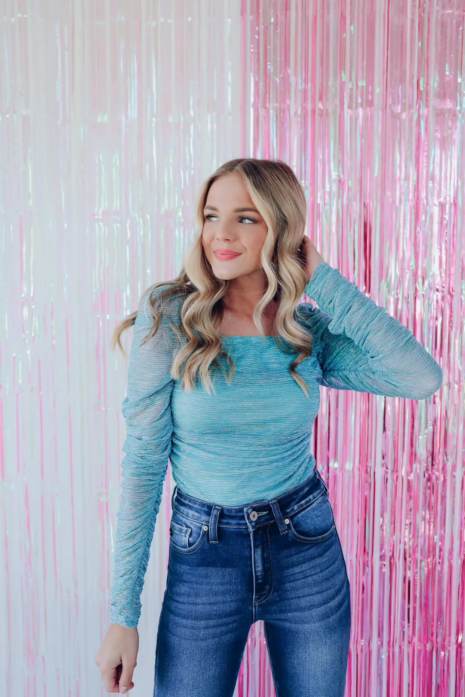 Look So Luxe Tinsel Puff Sleeve Top - Blue