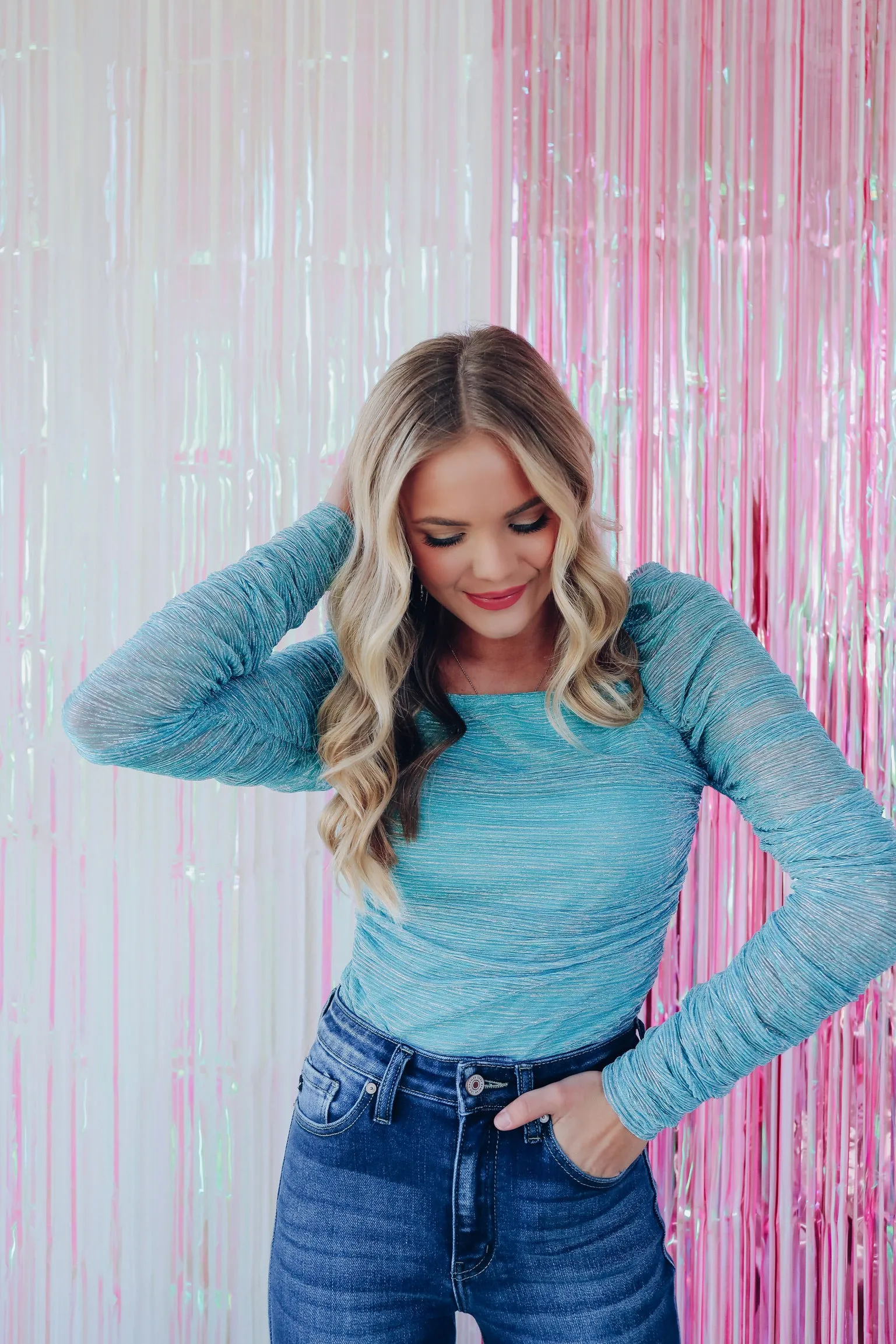 Look So Luxe Tinsel Puff Sleeve Top - Blue