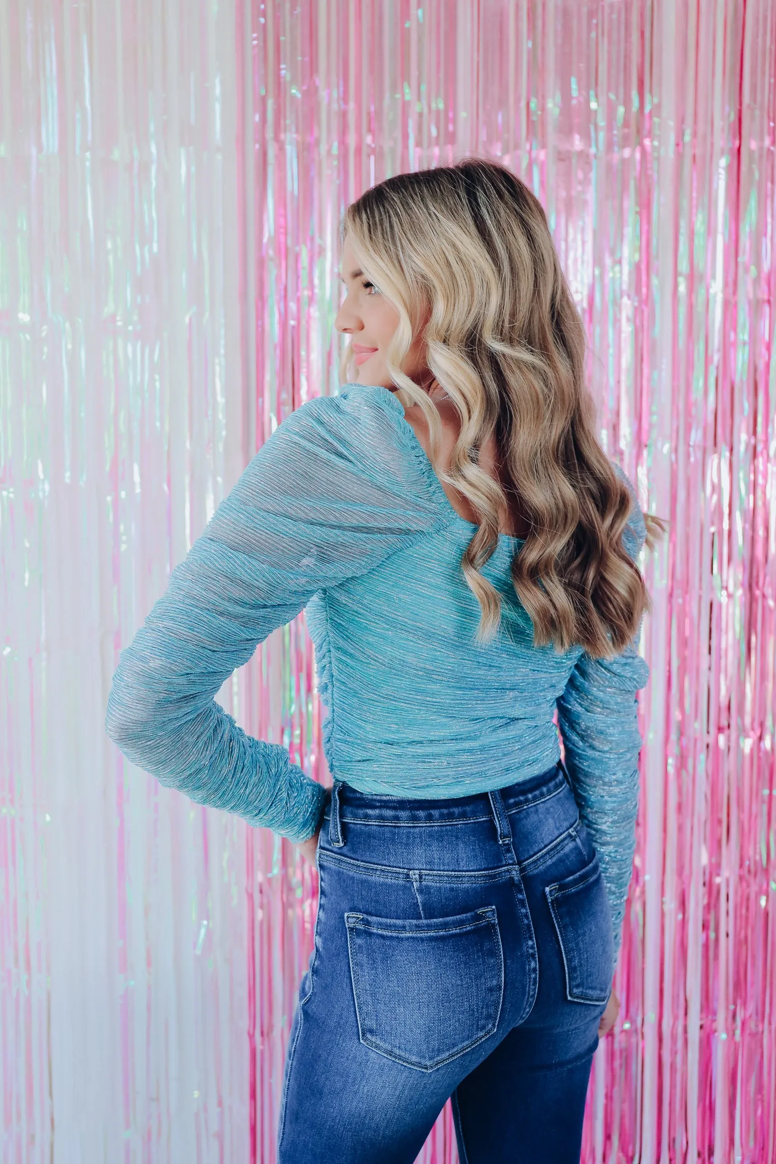 Look So Luxe Tinsel Puff Sleeve Top - Blue